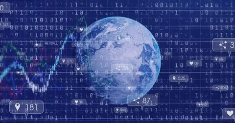 Earth globe floating in data space, with binary code overlays, line charts, data Stock Photos