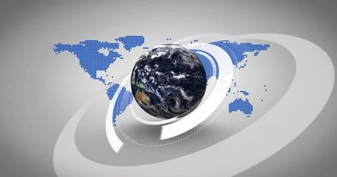 Earth globe floating in digital studio, showing concentric rings, dotted orbital Stock Illustration