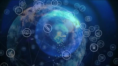 Earth globe floating, network lines connecting icon nodes, light beams streaking Stock Footage 309094207