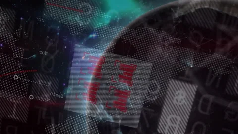 Earth globe floating within holographic UI, showing red bar chart with glowing Stock Footage 307857641