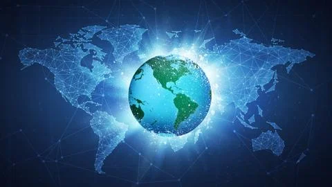 Earth globe flying on world map background. Illustrazione stock