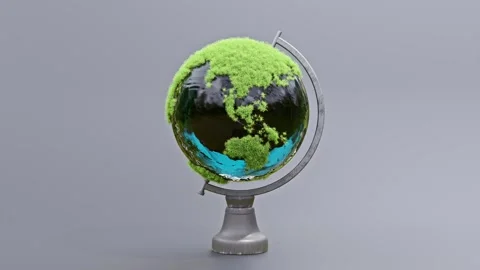 Earth globe full of grass on rotating platform on gray background. 動画素材 256145135