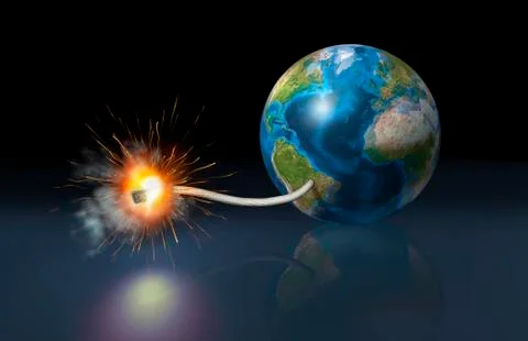Earth globe with a fuse lighted up as a time bomb. Illustration