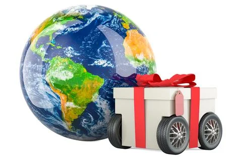 Earth Globe with Gift Box on the wheels. Worldwide gift delivery, concept. .. Stock Illustration