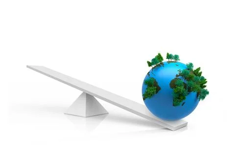 Earth globe with green tree clusters is balancing on white beam in 3D design, Illustrazione stock