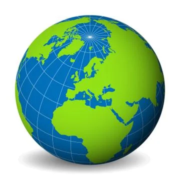 Earth globe with green world map and blue seas and oceans focused od Europe Stock Illustration
