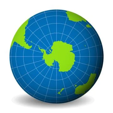 Earth globe with green world map and blue seas and oceans focused on Antarctica Stock Illustration
