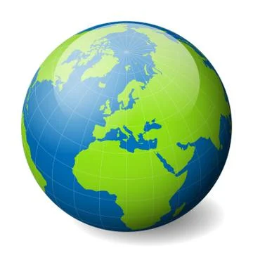 Earth globe with green world map and blue seas and oceans focused on Europe Illustrazione stock