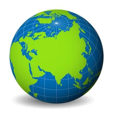 Earth globe with green world map and blue seas and oceans focused on Asia. With Stock Illustration