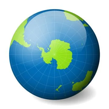 Earth globe with green world map and blue seas and oceans focused on Antarctica 스톡 일러스트