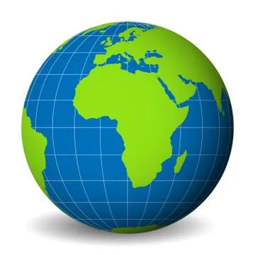 Earth globe with green world map and blue seas and oceans focused on Africa Stock Illustration