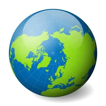 Earth globe with green world map and blue seas and oceans focused on Arctica Stock Illustration