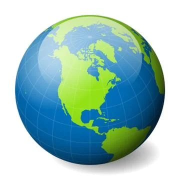 Earth globe with green world map and blue seas and oceans focused on North Illustrazione stock