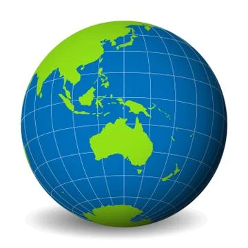 Earth globe with green world map and blue seas and oceans focused on Australia Stock Illustration