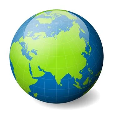Earth globe with green world map and blue seas and oceans focused on Asia. With Illustrazione stock
