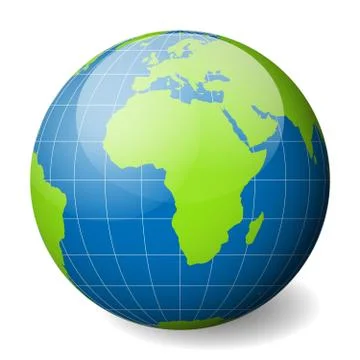 Earth globe with green world map and blue seas and oceans focused on Africa Stock Illustration