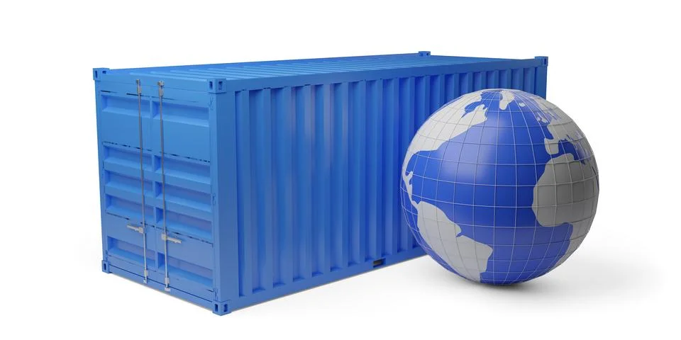 Earth globe with grid in front of blue cargo, freight or shipping container.. Stock Illustration