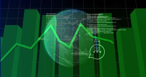 Earth globe hovering in dashboard, bars rising, line graph zigzagging, code and Stock Footage 307436965