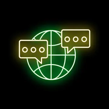 Earth globe icon connecting with speech bubbles in neon style Stock Illustration