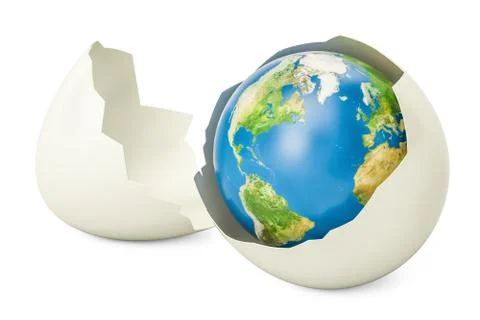 Earth globe inside broken chicken egg, 3D rendering Stock Illustration