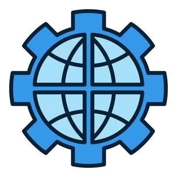 Earth Globe inside Cog Wheel vector Balance of Power blue icon or design el.. Stock Illustration