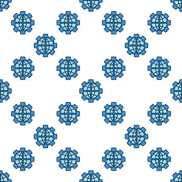 Earth Globe inside Cog Wheel vector Balance of Power blue seamless pattern Illustrazione stock