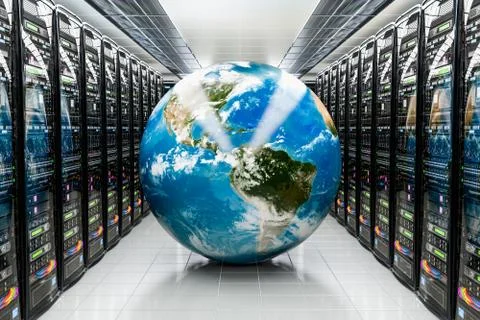 Earth Globe inside data center, server room. Global internet concept, 3D rend イラスト素材