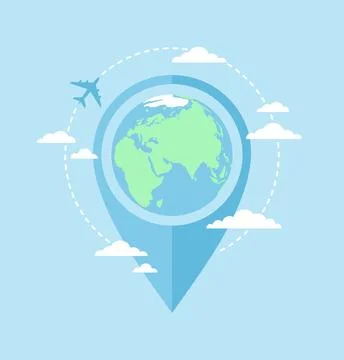 Earth globe inside a large location sign with an airplane flying around it Stock Illustration