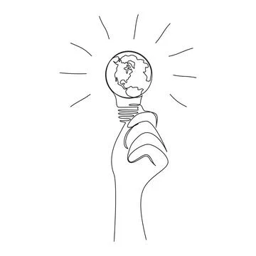 Earth globe inside the light bulb in one continuous line drawing. World map in Stock Illustration