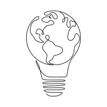 Earth globe inside lightbulb in one continuous line drawing. Vector Concept of Stock Illustration