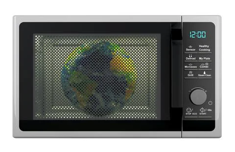 Earth Globe inside microwave oven. Global warming and climate change, conce.. Stock Illustration