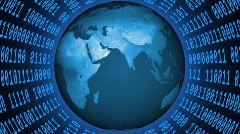 Earth globe inside a virtual cylinder made of binary code - blue graphic Stock Illustration