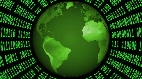 Earth globe inside a virtual cylinder made of binary code - green graphic Stock Illustration