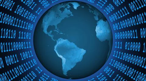 Earth globe inside a virtual cylinder made of binary code - blue graphic Illustrazione stock