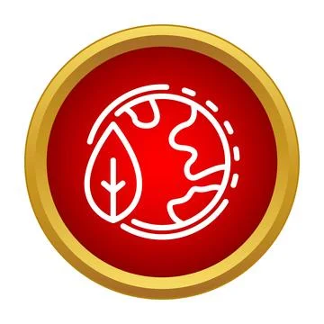 Earth globe with leaf line icon on red button Stock Illustration