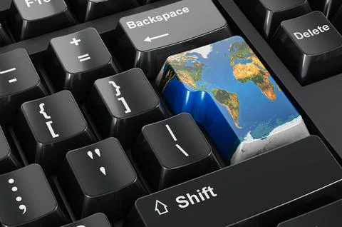 Earth Globe map texture painted on computer keyboard. 3D rendering 스톡 일러스트