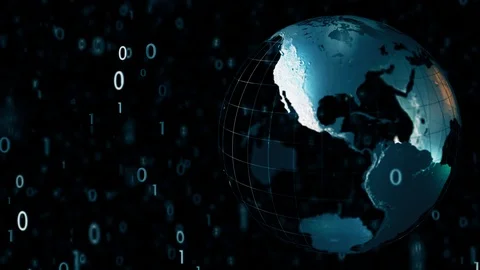 Earth globe model and falling binary computer code symbols. Global IT related Stock Footage 94543349