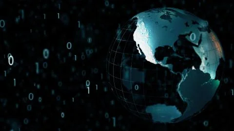 Earth globe model and falling binary computer code symbols. Global IT related 3D Stock Illustration