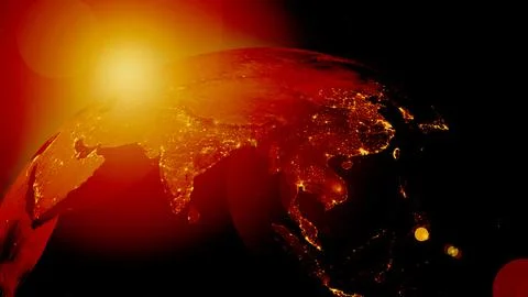 Earth globe at night illuminated by hot sun Stock Illustration