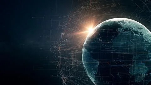 Earth globe in night time surrounded by digital noise, futuristic technology Illustrazione stock