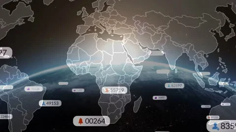 Earth globe opening, sunrise sweep initiating badges popping and updating Stock Footage 332804684