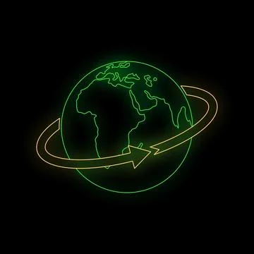 Earth globe with orbiting arrow green neon sign Stock Illustration