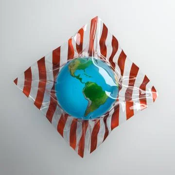 Earth globe packed in a transparent plastic bag. Abstract ecological problems Stock Illustration