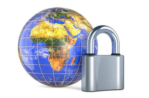 Earth Globe with padlock, 3D rendering Earth Globe with padlock, 3D render... Stock Photos