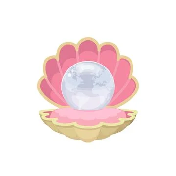 Earth Globe as pearl in open seashell. Vector illustration isolated on whit.. Stock Illustration