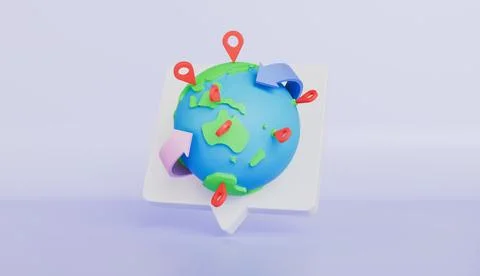 Earth globe with pin points, delivery tracking, product shipping out 스톡 일러스트