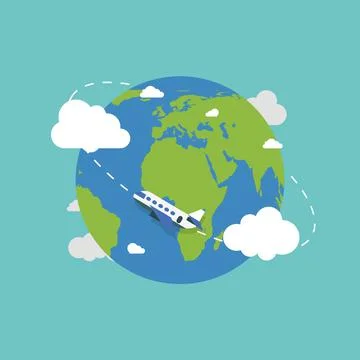 Earth globe with plane. Earth in flat style. Plane flying. Earth. Vector Stock Illustration