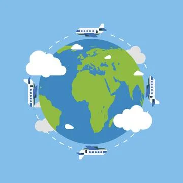 Earth globe with plane. Earth in flat style. Plane flying. Earth. Vector Illustrazione stock