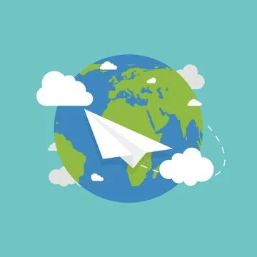 Earth globe with plane. Earth in flat style. Plane flying. Earth. Vector Illustrazione stock