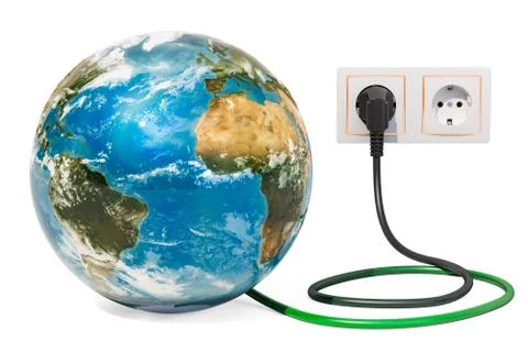 Earth Globe with power plug into electrical socket. Green energy concept. 3D  イラスト素材
